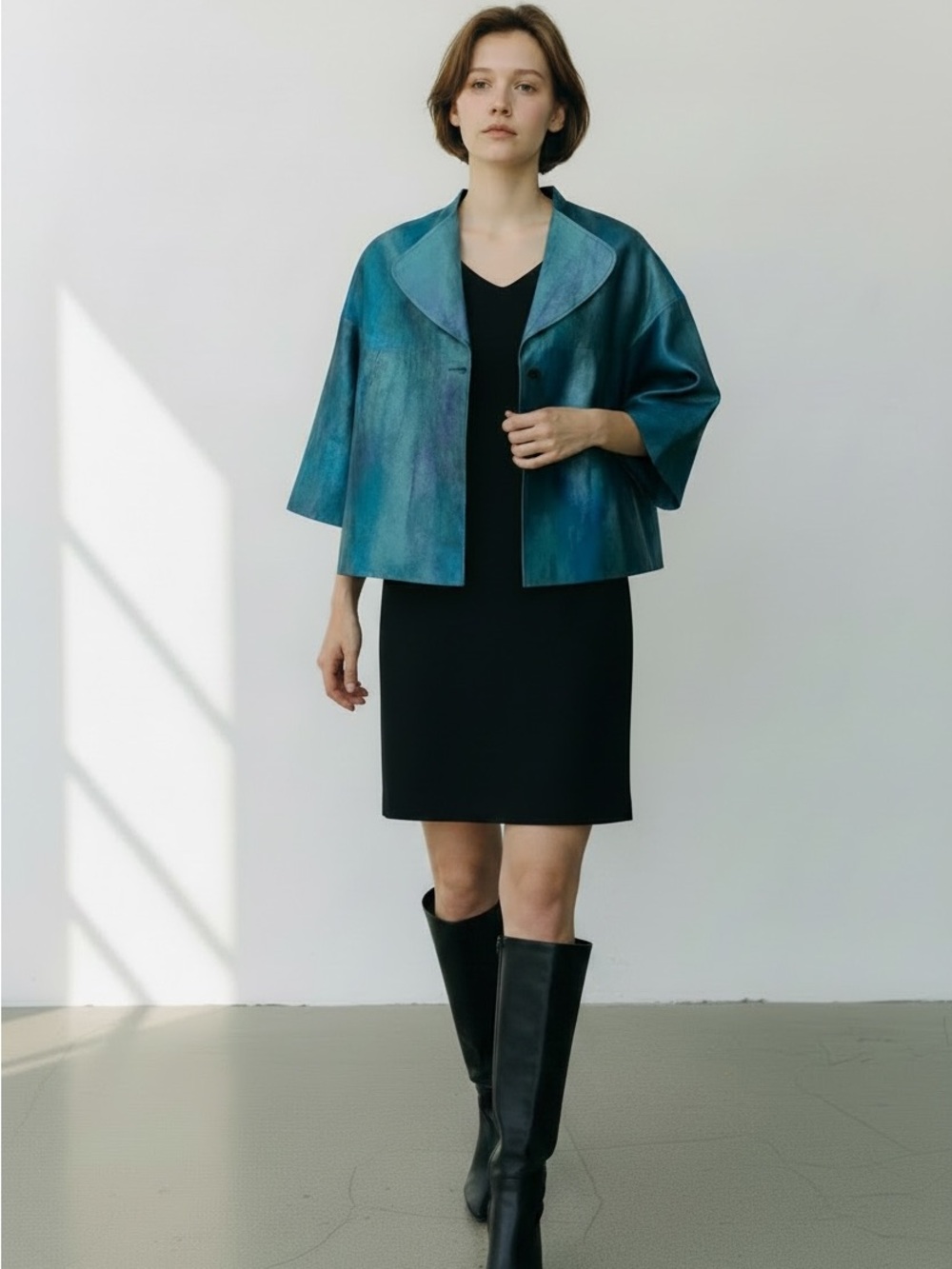 Louben Teal Blue Watercolor Jacket with Wide Collar
